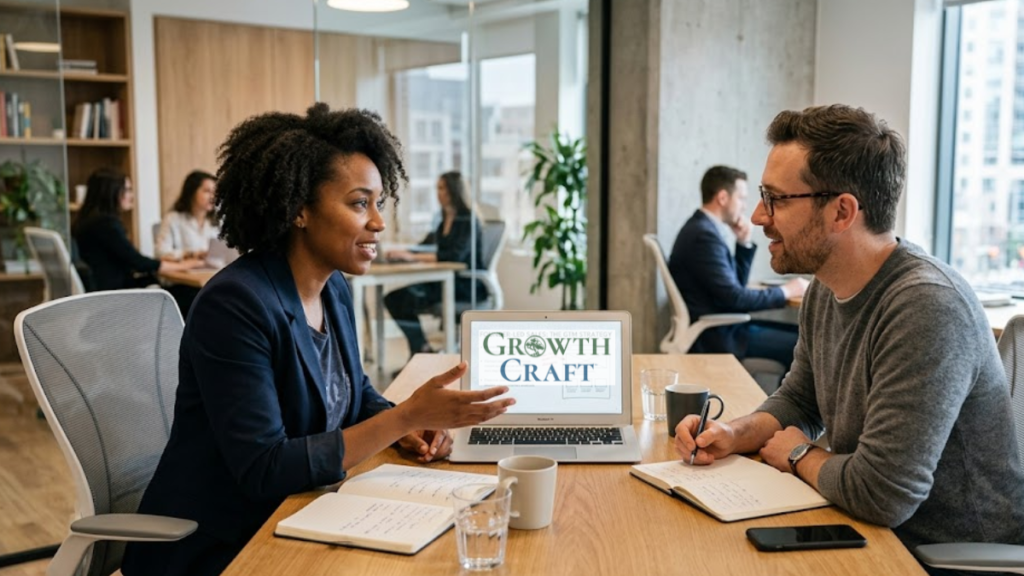 Startup founder having a one-on-one sales conversation with a potential customer in a modern office setting