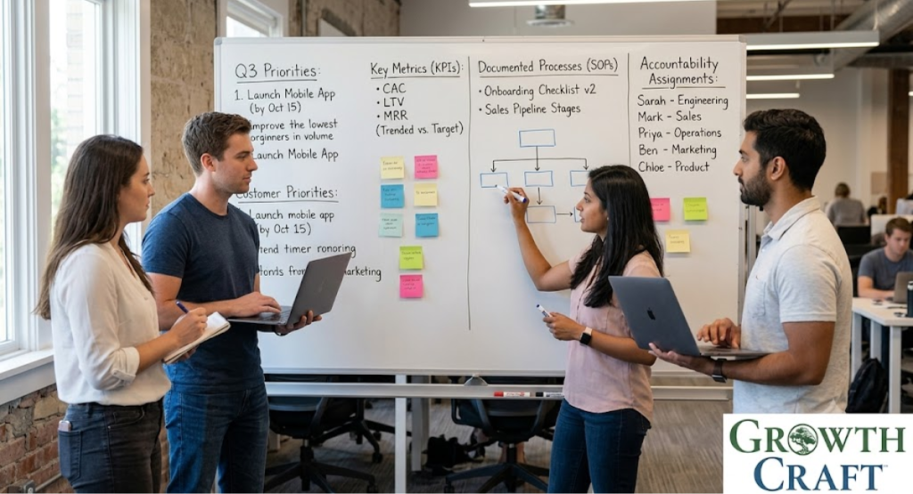 Founder leading a startup planning session using a simple operating system with quarterly goals, documentation, and accountability.