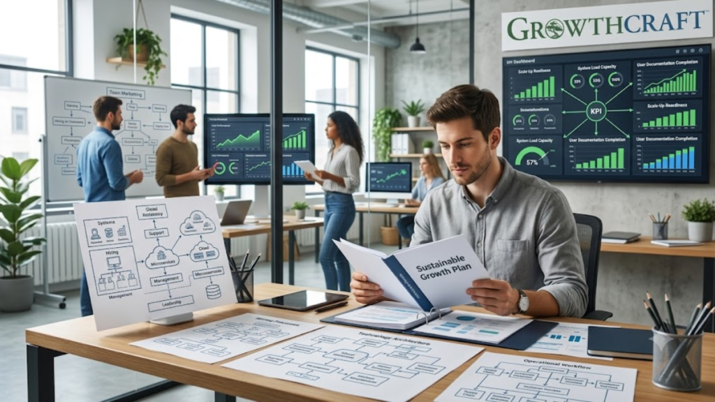 Founder planning scalable startup systems, processes, hiring strategy, and leadership before business growth.