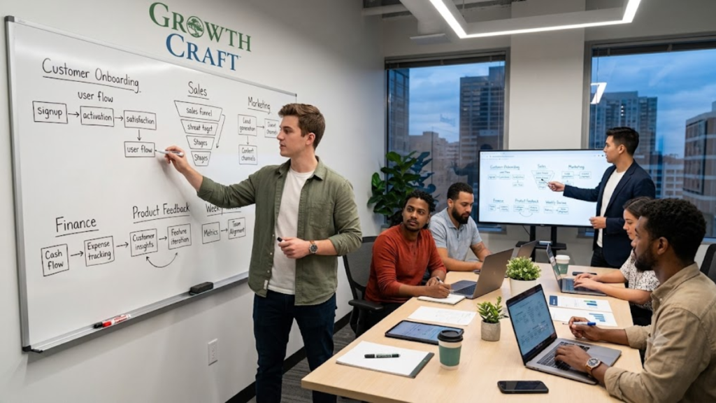 Startup founder documenting customer onboarding, sales, marketing, finance, and product feedback processes on a whiteboard during a weekly business planning session. Secondary Alt Text: Early-stage startup team reviewing business processes and weekly operating metrics around a conference table.