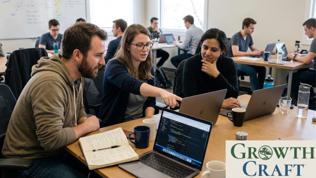 Early-stage startup founder working with a small team around a table while building company culture and shared values