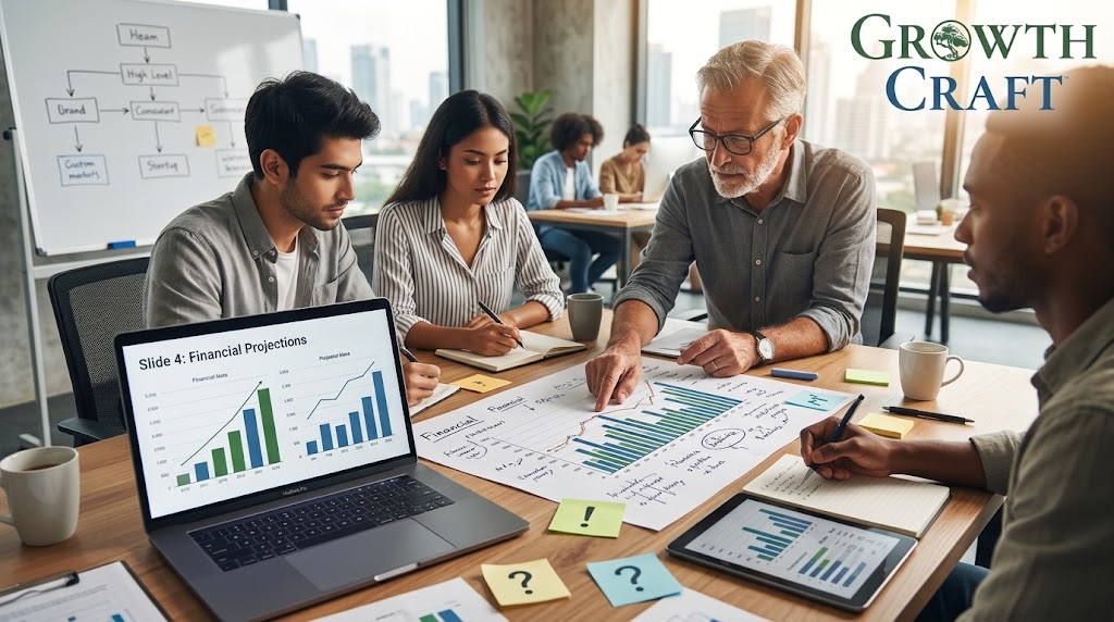 Early-stage startup founders reviewing a pitch deck, financial projections, and business plans around a conference table.