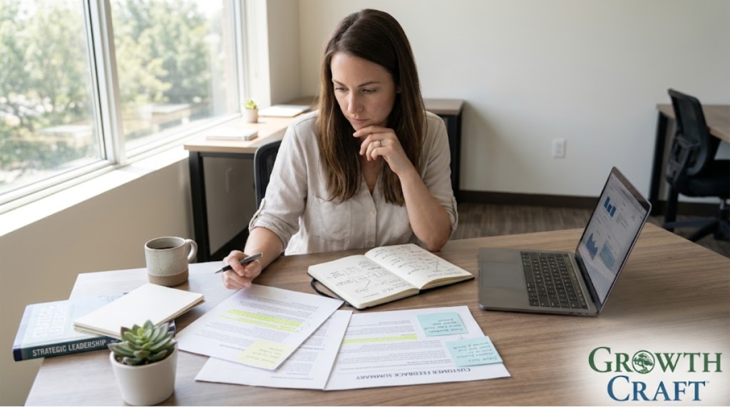 Startup founder reviewing customer feedback and business decisions at a desk